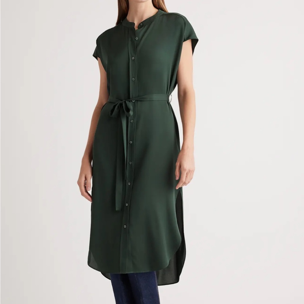 NWT Quince Green Silk Midi Shirt Dress